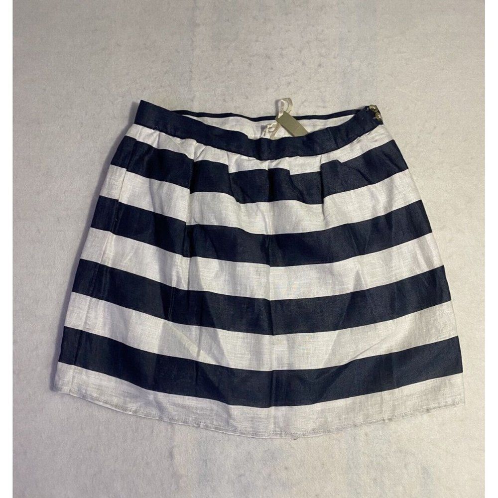 KENAR Linen Skirt Size 10 Striped Side Zip Nautical Lined Navy Blue White NWT